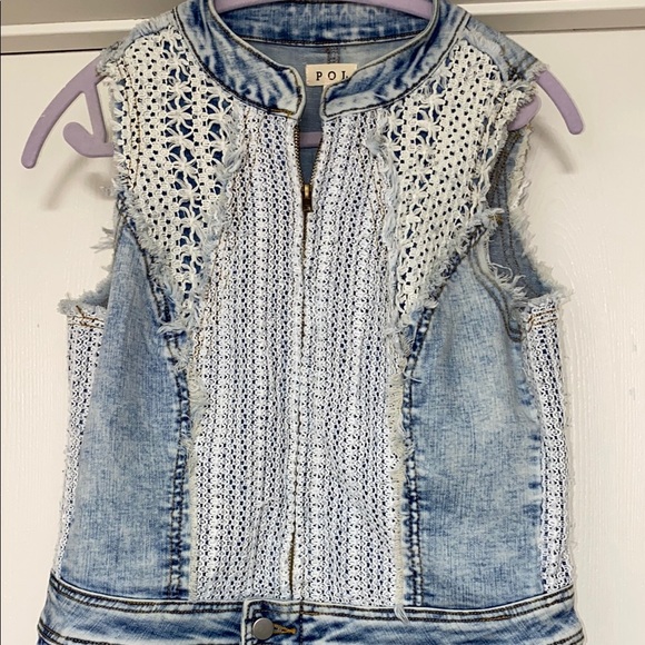 NWOT Rare POL Lace Light Blue Denim jean Sleeveless Stretch Zipper Jumpsuit S - Picture 3 of 13